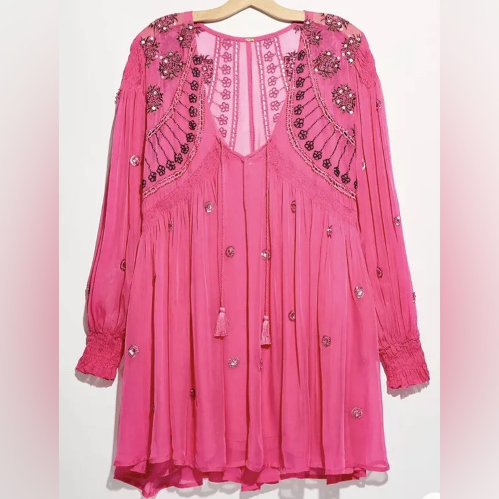NWT Free People Party New Moon Beaded Chiffon Tunic Dress Pink, XS - Picture 3 of 16